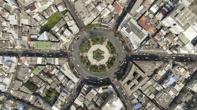 day time flight over bangkok city traffic street circle aerial topdown panorama 4k timelapse thailand