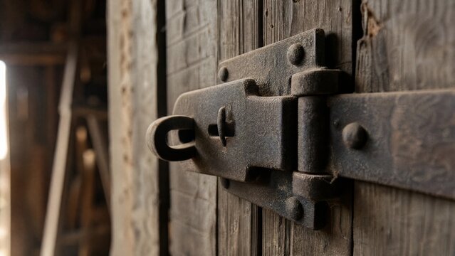 hasp. Large iron hasp on a dusty barn door, symbolizing security in soft natural light. real-estate listings.