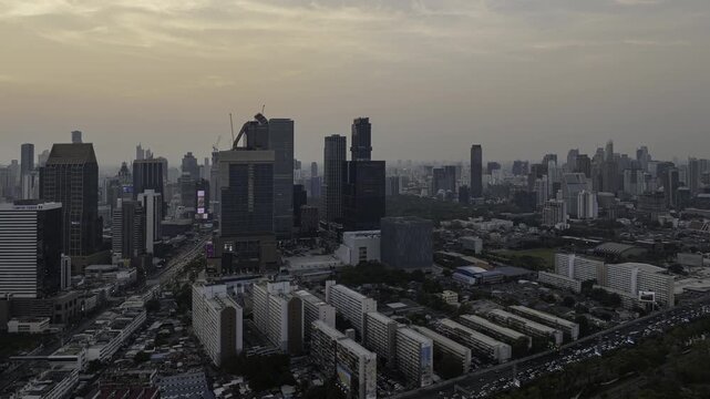 twilight time bangkok city center traffic street road aerial panorama 4k timelapse thailand 