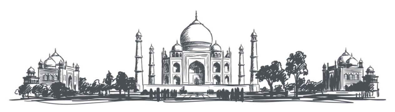 Hand drawn sketch vector of taj mahal skyline landscape, vintage architectural drawing illustration of beautiful indian heritage monument.