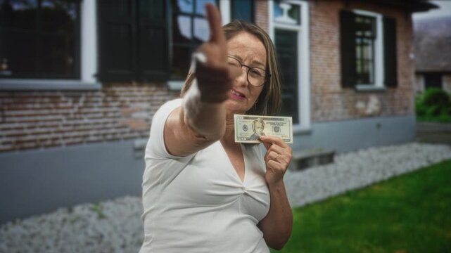 Hispanic senior woman points finger and holds twenty dollar banknote outside a building; confidence persuasion.