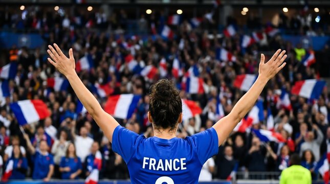 Back view of a female soccer player celebrating a victory with outstretched arms towards a massive crowd waving flags in a vibrant stadium atmosphere during a significant sporting event