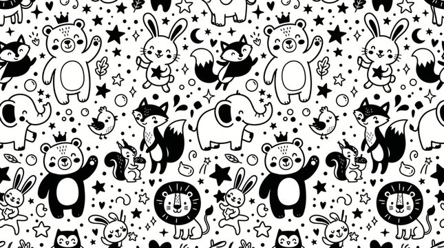 Playful monochrome animal doodle pattern featuring bears rabbits and cats on a starry background.