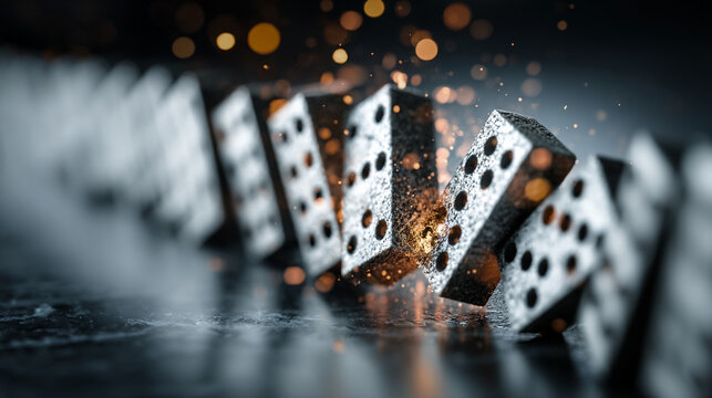 Domino chain stopping before final collapse showing risk control prevention strategy stability concept, 3d render illustration