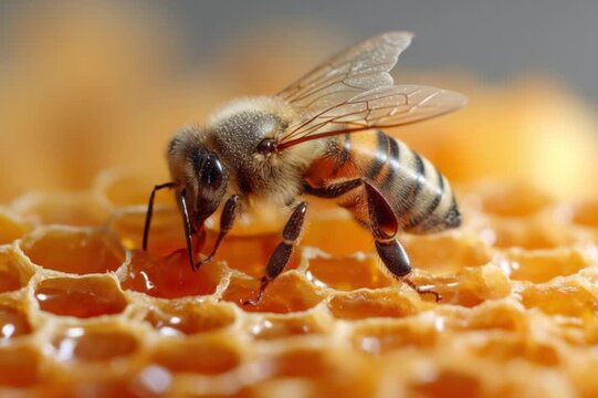 Macro photography of a honey bee on golden honeycomb honeybee insect nature pollination agriculture