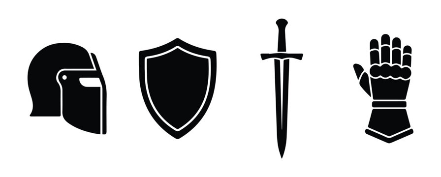 Medieval armor set &mdash; helmet, shield, sword, gauntlet icon Silhouette Vector black design on a white background