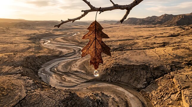 Water droplet falling from a dry leaf over a parched desert landscape