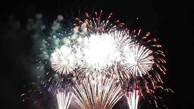 Spectacular fireworks display featuring vibrant red and purple explosions in the dark night sky during a festive holiday celebration or event