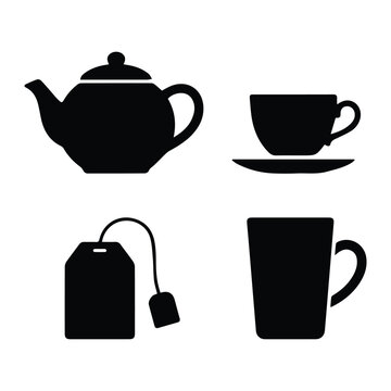 Tea types set &mdash; teapot, teacup, tea bag, tea glass icon Silhouette Vector black design on a white background