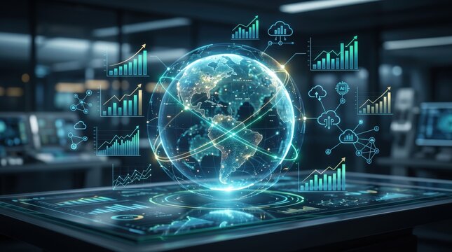 Digital earth globe surrounded by financial charts and graphs, big data analytics visualization, artificial intelligence network connection, global business growth statistics