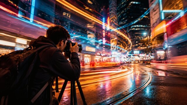 Photographer capturing city lights at night with camera on tripod  