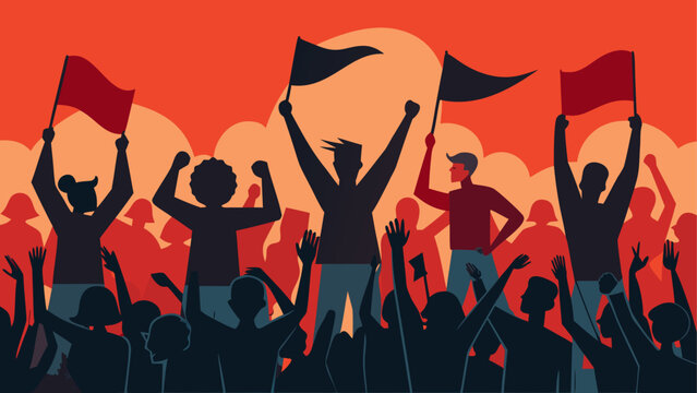 A group of people raising their hands in unity against a sunset sky