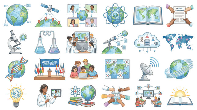 Global science education vector icon set with laboratory research, students, globe, DNA, satellite, cloud data, maps, ecology, classroom and innovation symbols