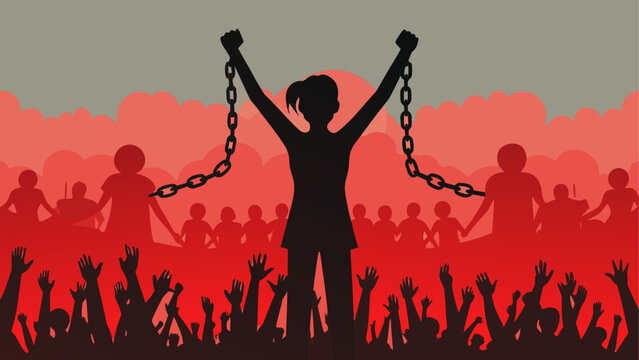 A crowd of silhouettes cheering with arms raised at sunset