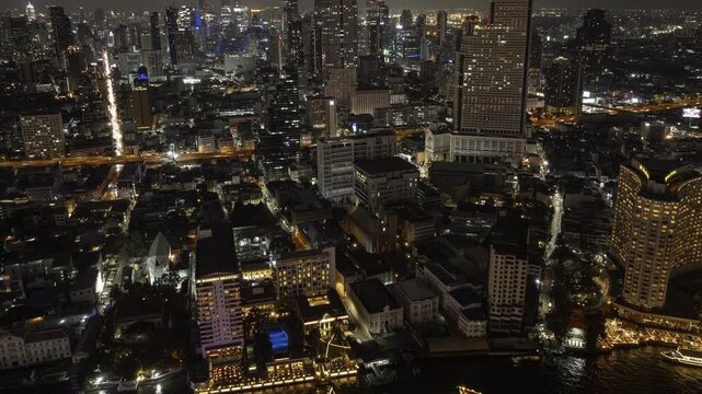 night time illumination bangkok city downtown traffic street road overpass aerial panorama 4k timelapse thailand  