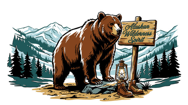 Rugged vintage grizzly bear standing by Alaskan wilderness sign with hiking boots and lantern, retro graphic vector for t-shirt and outdoor branding