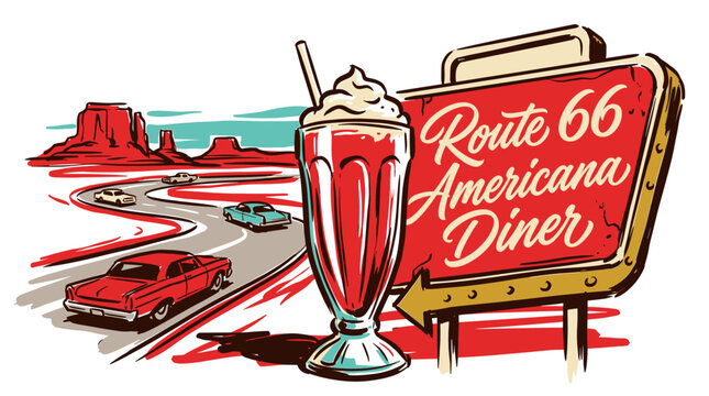 Retro Americana strawberry milkshake with Route 66 diner sign and classic cars in desert landscape, vintage graphic illustration for t-shirt design.
