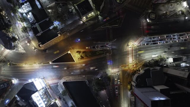 night time bangkok city traffic street riverside bridge aerial topdown panorama 4k timelapse thailand  
