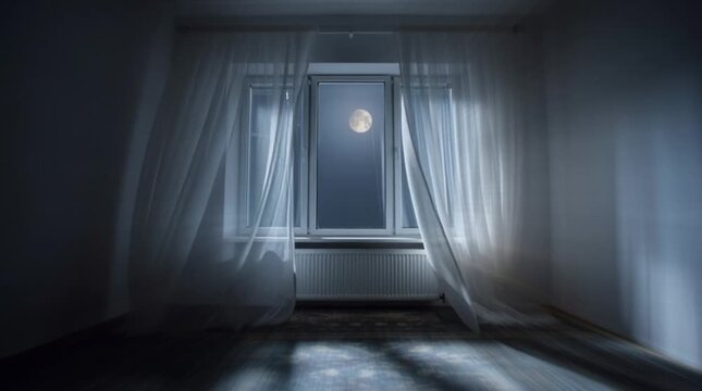 Full moon glowing through white curtains of a dark bedroom window at night interior light home