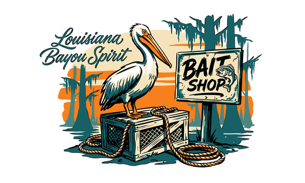 Vintage Louisiana Bayou spirit white pelican perched on fishing crate with bait shop sign, retro graphic illustration for t-shirt design and coastal branding.