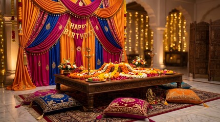 Fototapeta premium Traditional Indian festive decoration with colorful fabrics and flower garlands