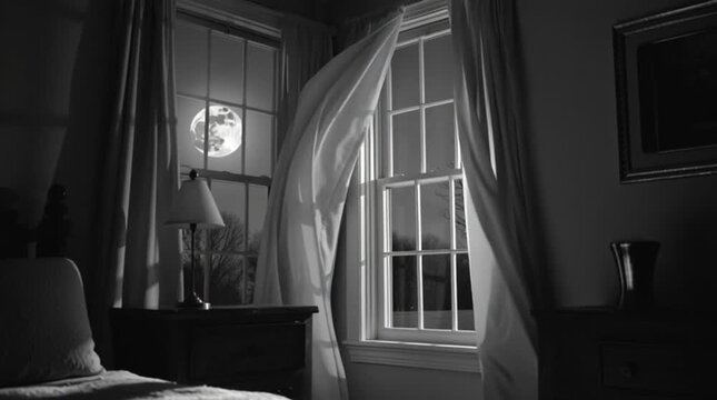 Bedroom view with bright full moon visible through window frame and curtains night dark interior