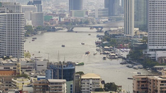 cloudy day smog bangkok central cityscape riverside traffic bridge aerial panorama 4k timelapse thailand  