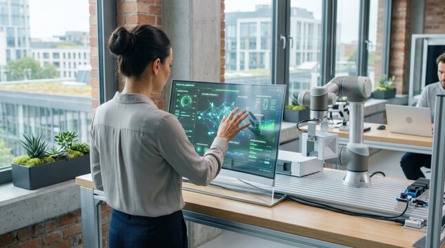 Female engineer programming robotic arm using holographic interface, advanced robotics development, industrial automation research, futuristic laboratory workspace