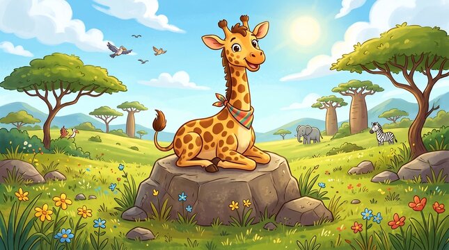 Happy Cartoon Giraffe Sitting Savanna Landscape