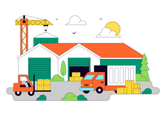 Naklejka premium Warehouse Illustration Featuring Logistics Distribution Center, Cargo Transportation, Freight Shipping, Storage Facility, and Supply Chain Operations