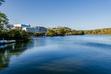 Fototapeta premium A lake inside Takamatsu Park in Morioka, Japan