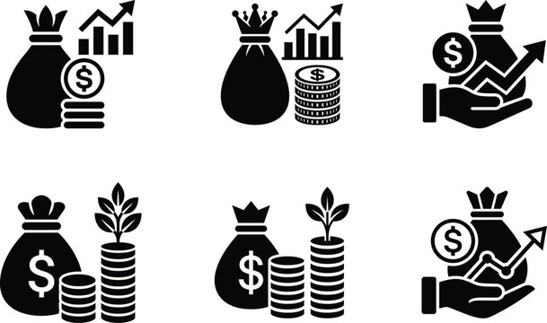 Financial growth money bag and coin stack icon set with investment business commerce financial management earnings increase currency