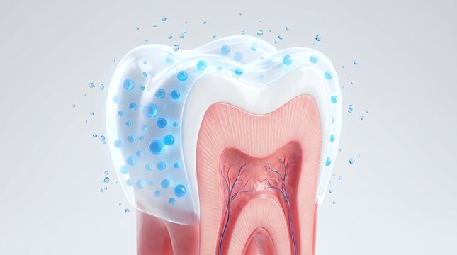 Macro 3D illustration of human tooth showing cross section anatomy and protective enamel coating for dental healthcare concepts