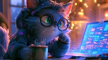 Cute fluffy cat hacker wearing glasses and a hoodie sits in front of a laptop. The kitten programmer works late in a neon cyber room with a cup of coffee. Digital illustration © artsandra