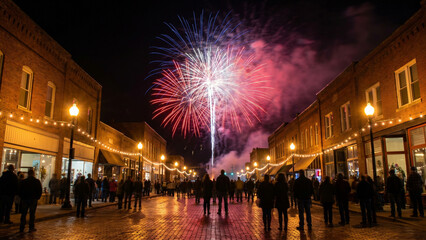 Obraz premium Independence Day Fireworks Over Festive City Street at Night
