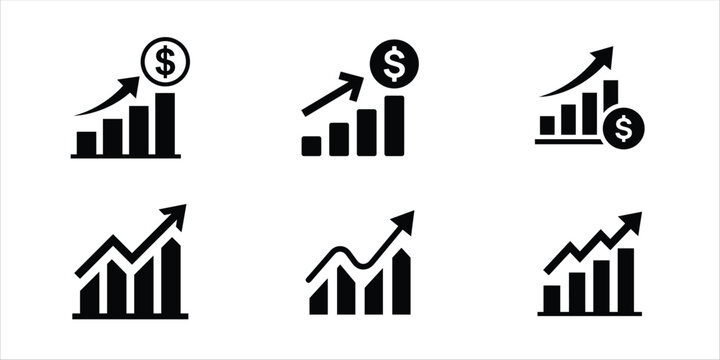 Set of financial growth icons showing bar charts with dollar signs and rising trends business increase investment marketing analysis statistical