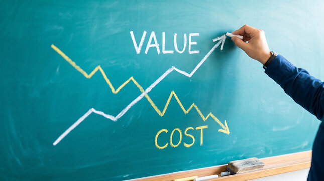 Business finance concept, value vs cost, chalkboard graph, economics illustration, financial analysis