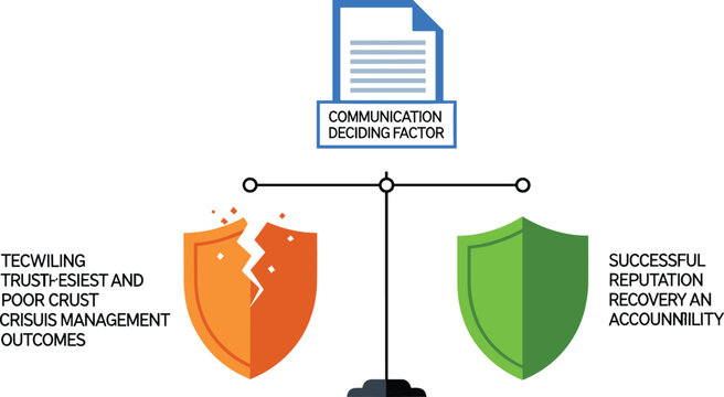 Corporate communication and crisis management balance infographic vector showing broken orange shield versus secure green shield for business risk strategy