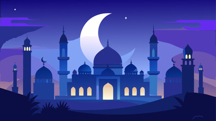 A mystical cityscape under the glow of a crescent moon and aurora © sumona