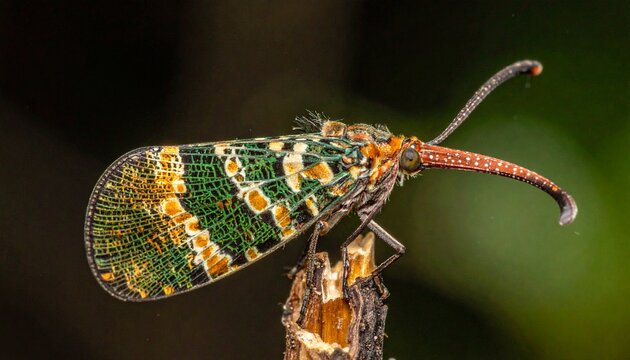 Close up of a colorful Fulgorid planthopper insect on a twig.