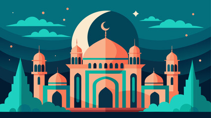 A serene mosque under the glow of a crescent moon at night © sumona