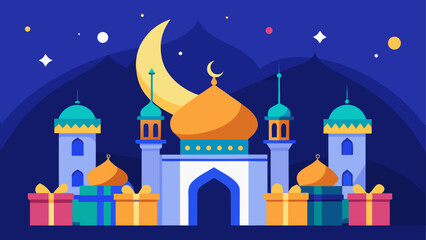 A vibrant illustration of a mosque under the night sky with a crescent moon © sumona