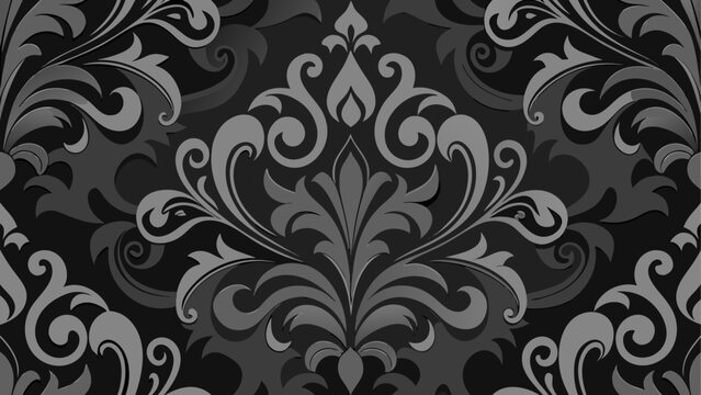 Intricate black damask pattern with symmetrical floral motifs