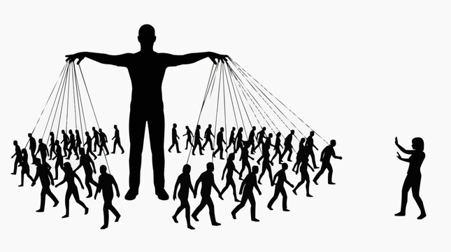 Central figure silhouette controlling crowd with strings like puppets on white background