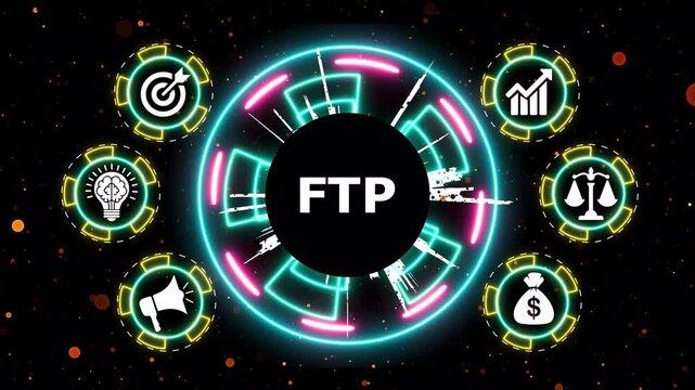 Ftp file transfer protocol neon icon surrounded by business related icons in motion.
