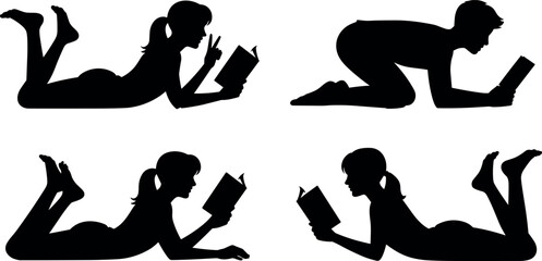 Black silhouette vector of young people boy and girls lying down on floor reading books isolated on white background © BIPUL