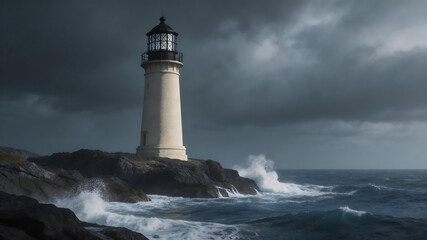 Obraz premium Lighthouse on rocky coast with stormy sea highlighting environmental conservation and serenity