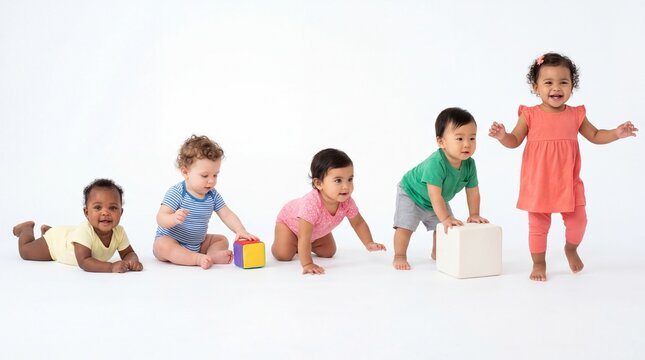 Developmental Milestones: Five diverse babies engage in playful exploration, showcasing different stages of early mobility from crawling to standing, highlighting infant development and curiosity.