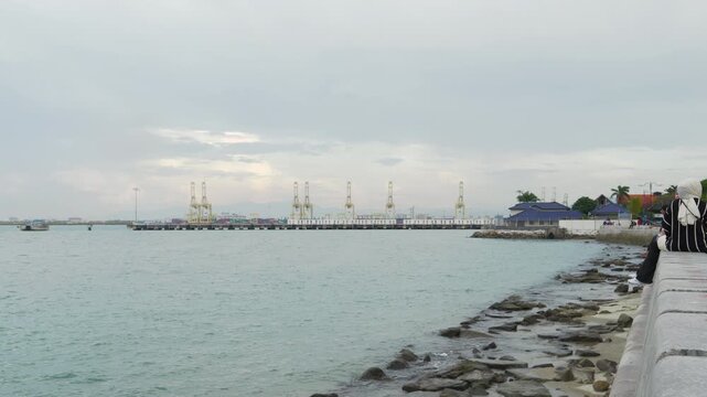 evening time penang island george town bay port district slow motion panorama 4k malaysia