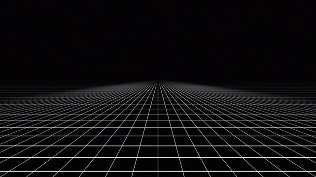 Geometric white grid floor sliding forward on black background, infinite 3D wireframe perspective loop 4k video